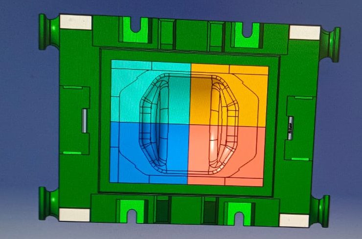 Die cavity CAD render, blue and orange